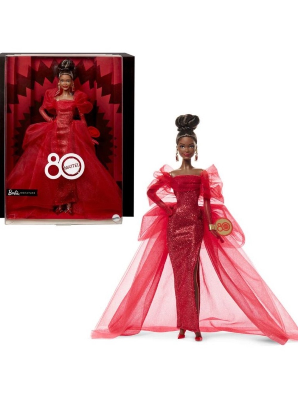 Barbie Signature Mattel 80th Anniversary Black Hair/Brown Eyes Red Tulle Gown